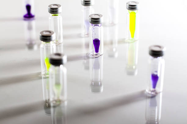 set of different HPLC glass vials with various drug compounds